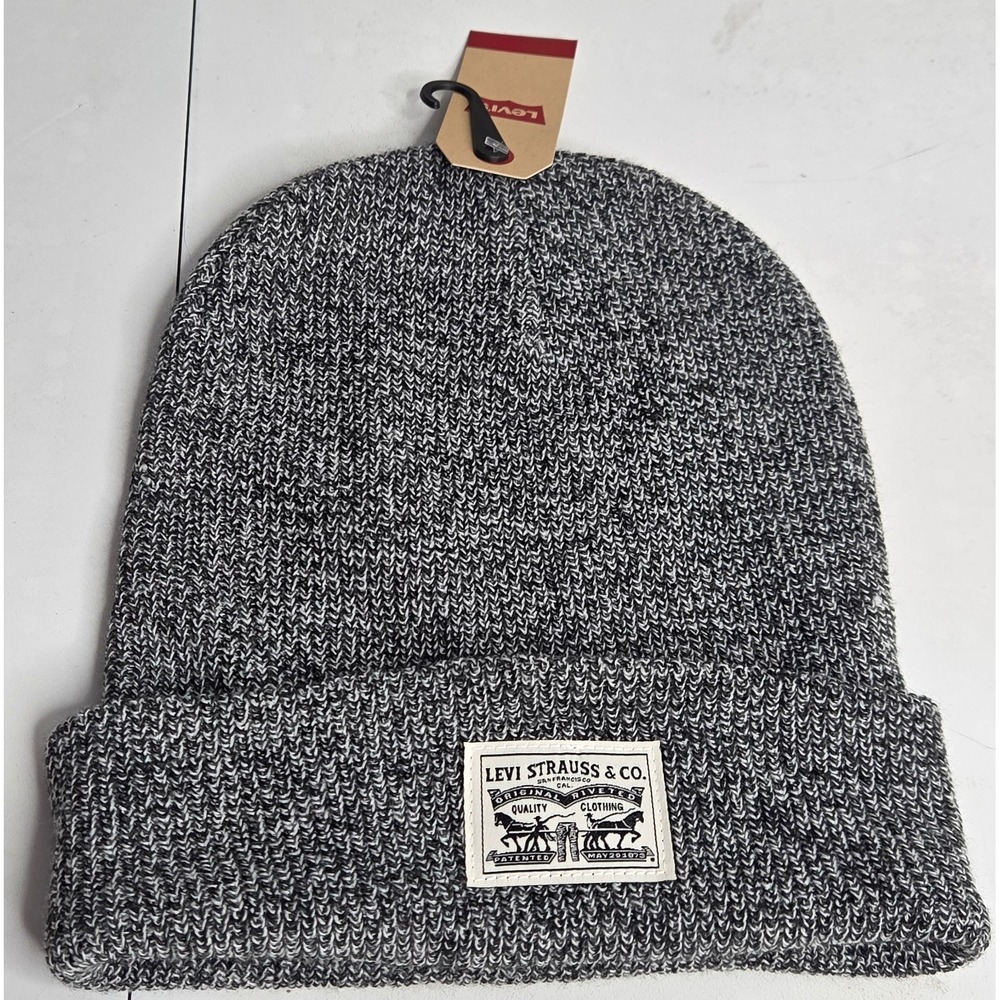 LEVI STRAUSS Mens Beanie Hat Marl Grey Ribbed Knit Cuffed Logo Patch One Size...